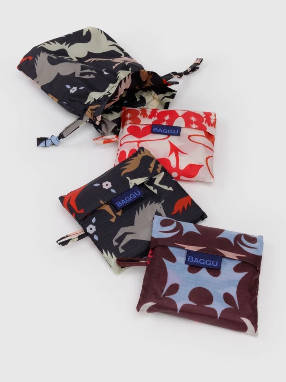 BAGGU Kids Packable Pouches Trio - Red, Black, Brown & Blue Accents